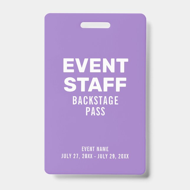 Crachá de identificação roxo para equipe de evento (Frente)