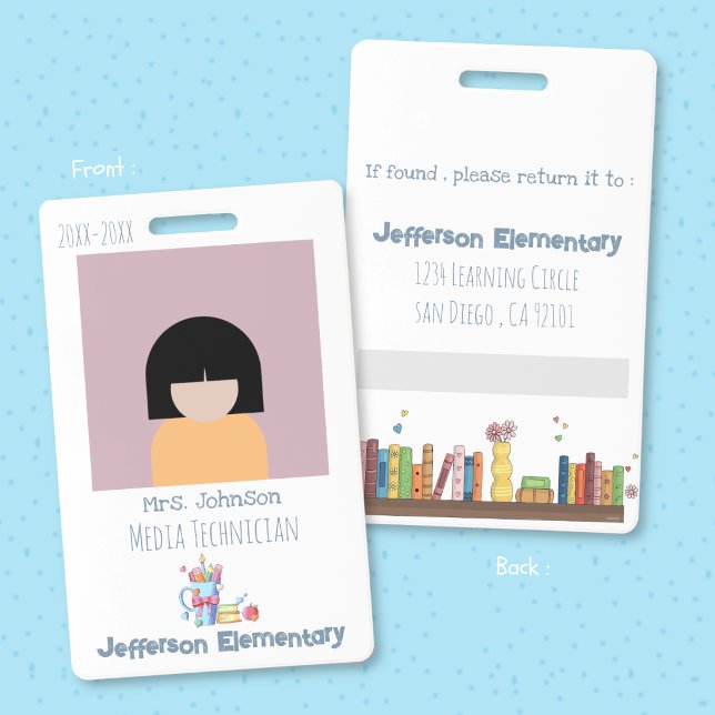 Crachá de identificação vertical branco para bibli (School librarian vertical white photo ID badge . )