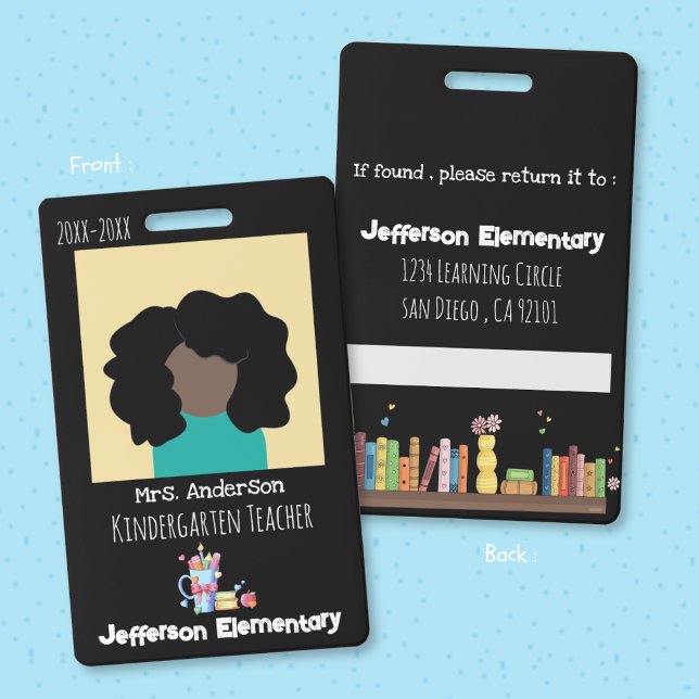 Crachá de Identificação Vertical Preto para Escola (Educator black vertical double-sided employee photo ID badge . )