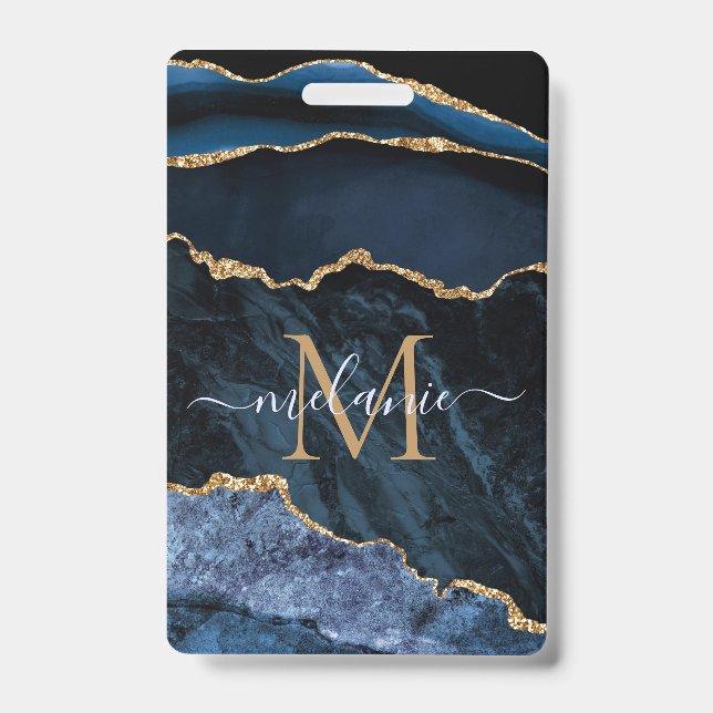Crachá de nome personalizado de mármore azul Doura (Frente)