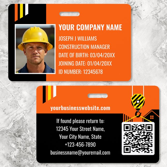Crachá de Obra ID Personalizado QR Code Laranja Pr (Criador carregado)
