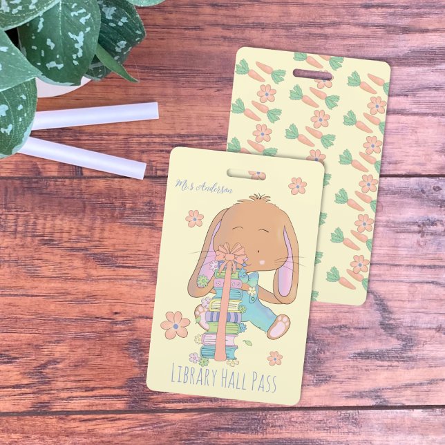 Crachá de passagem da Biblioteca Bunny Primavera (Cute spring library hall pass badge for elementary school teachers . )