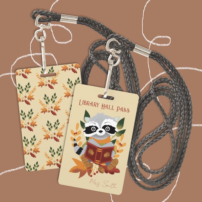 Crachá de Passagem do Salão da Biblioteca do Guaxi (Cute reading raccoon elementary school library hall pass badge . )