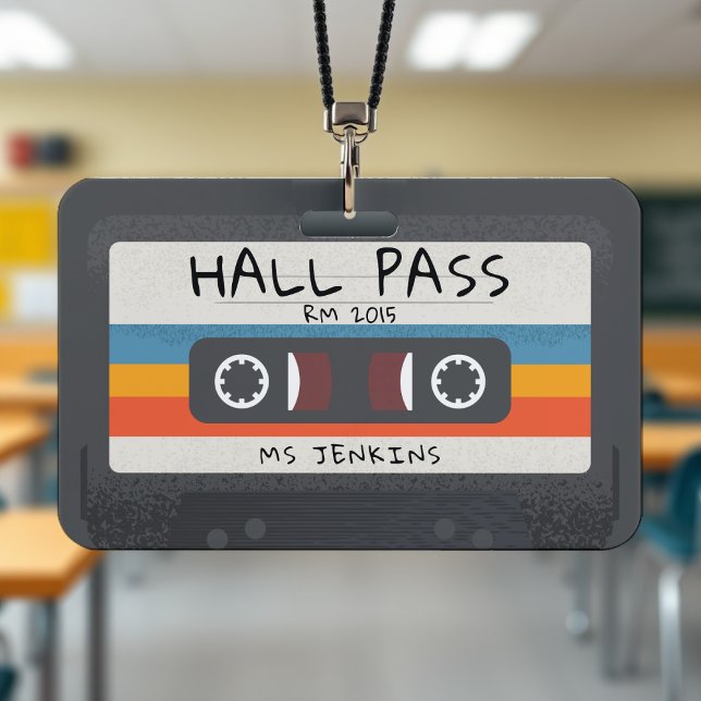 Crachá de passagem escolar em fita cassete retrô v (Vintage Retro Cassette Tape School Hall Pass Badge
)