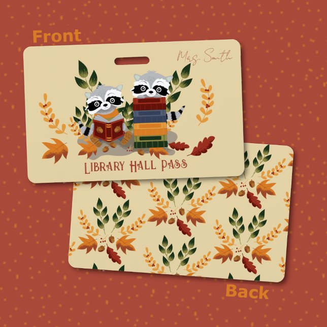 Crachá de passe da biblioteca com guaxinins com li (Front and back view of the hall pass badge .)