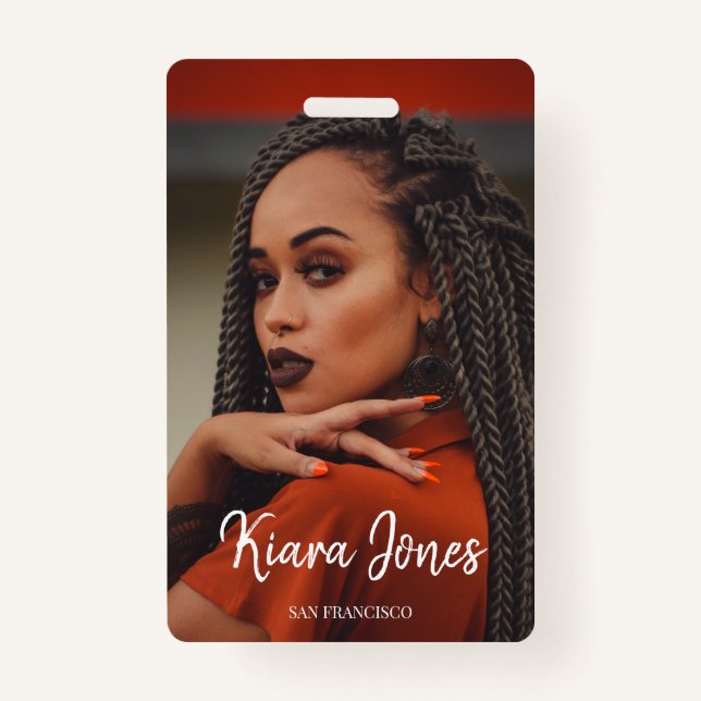 Crachá de Script Branco de Foto Chic (Frente)