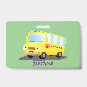 Crachá Desenho animado de ônibus escolar amarelo feliz e