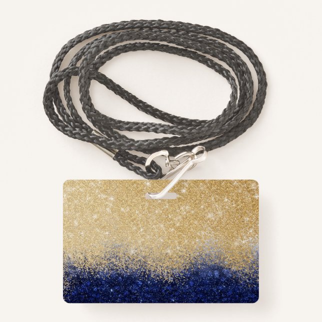 Crachá Design de luxo de Ombre Dourado e azul com brilho (Frente com cordão)