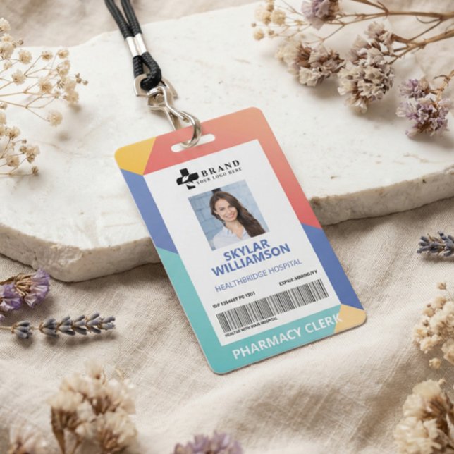 Crachá Design Geométrico Moderno de ID Médico com Foto e  (Modern Geometric Design Medical Photo ID & Logo Badge)