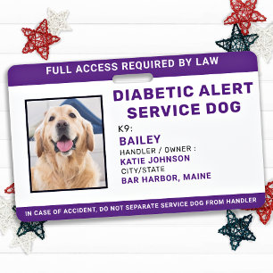 Crachá Diabetic Alert Personalized Service Dog Photo ID