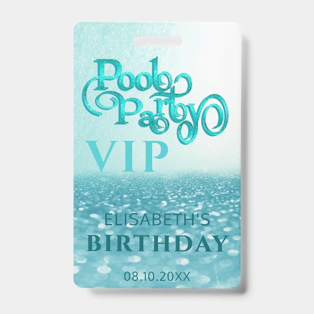 Crachá Diversão script brilhante festa na piscina VIP  Cr (Frente)
