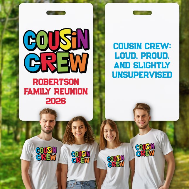 Crachá Divertida Família Colorida da Turma do Primo Reuni (Funny Family Reunion Badges - Cousin Crew. Show off your cousin status. Get togethers, parties)