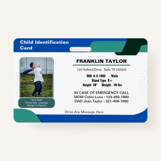 Crachá do Cartão de Identificação de Emergência de (Frente)