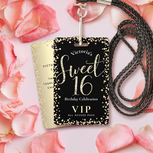 Crachá Doce 16 Chic Black Glitter Birthday VIP Pass (Criador carregado)