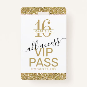 Crachá Doce 16 Convite VIP Pass Branco e Dourado