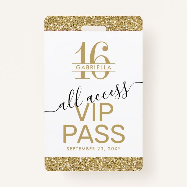 Crachá Doce 16 Convite VIP Pass Branco e Dourado (Frente)