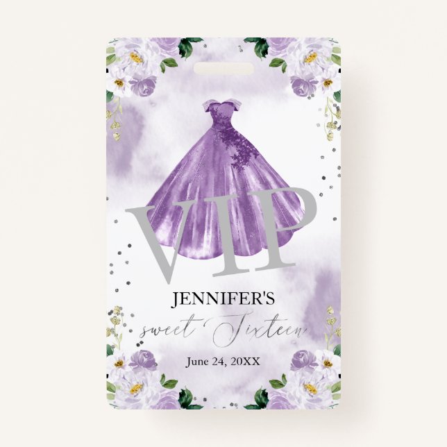 Crachá Doce 16 Vestido Floral Roxo 16 VIP Aniversário (Frente)