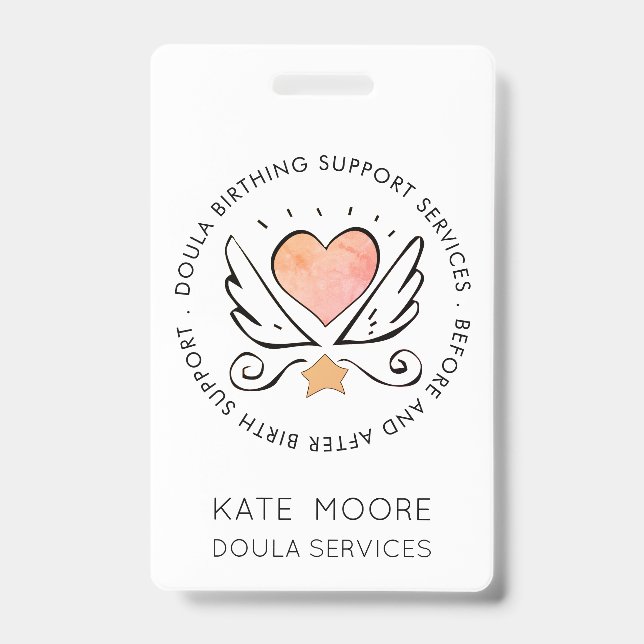 Crachá Doula Ou Parteira Coração Com Nome De Asas Branco (Frente)