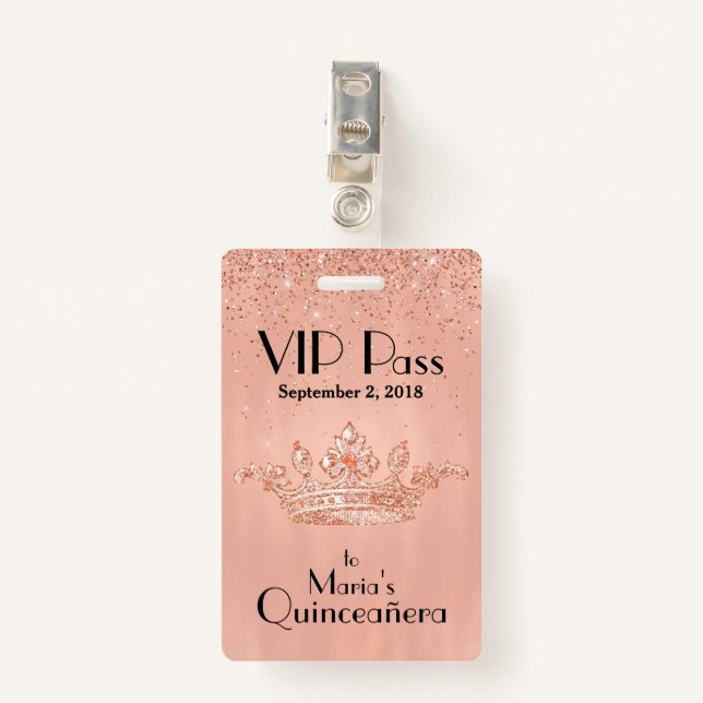 Crachá Dourado cor-de-rosa de Quinceañera VIP da (Frente com Clipe)