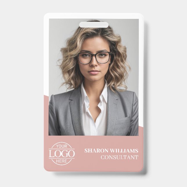 Crachá Dusty Rose Modern Personalized Employee Photo Logo (Frente)