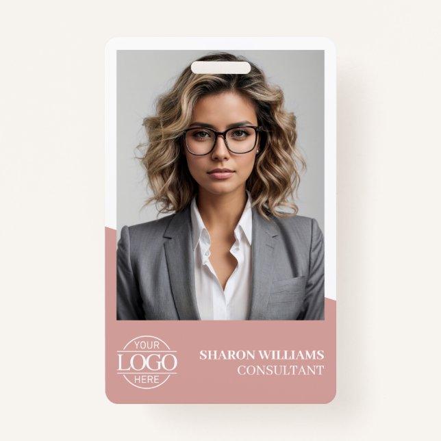 Crachá Dusty Rose Modern Personalized Employee Photo Logo (Frente)