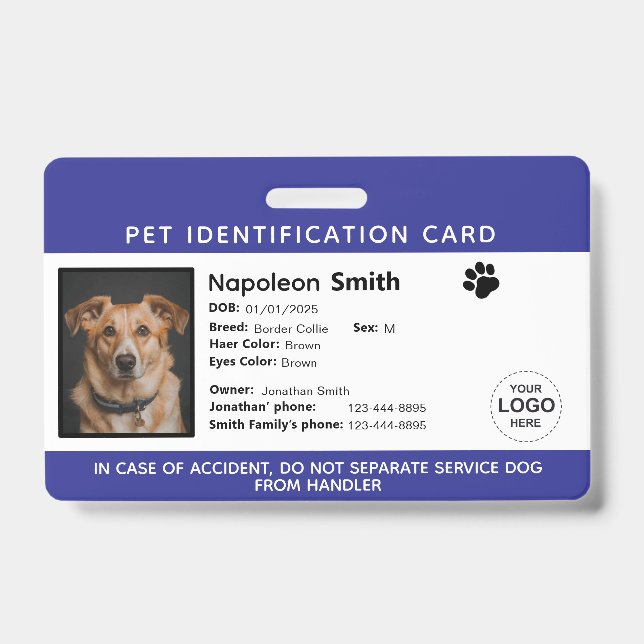 Crachá Editable Pet ID Card ,Navy White Service Dog Logo (Front)