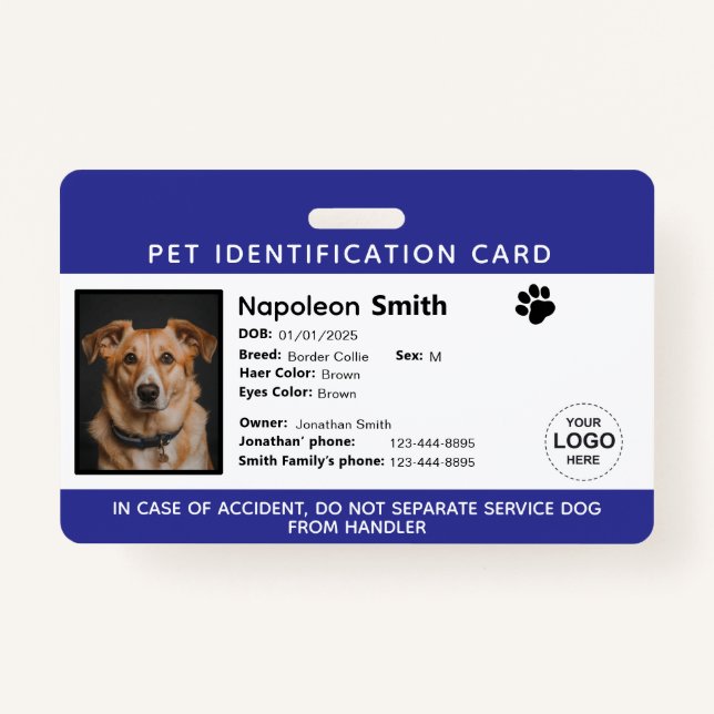 Crachá Editable Pet ID Card ,Navy White Service Dog Logo (Frente)