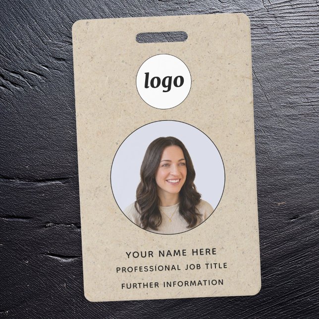 Crachá Efeito de papel pardo para ID de foto profissional (Simple logo photo ID business name badge with brown paper card effect)