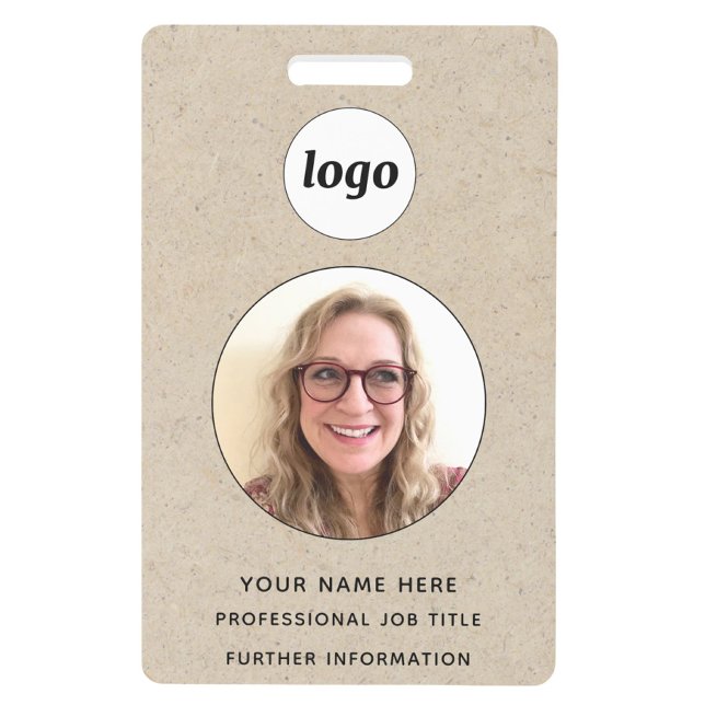 Crachá Efeito de papel pardo para ID de foto profissional (Simple logo with custom text business branding promotional photo ID badge name tag)
