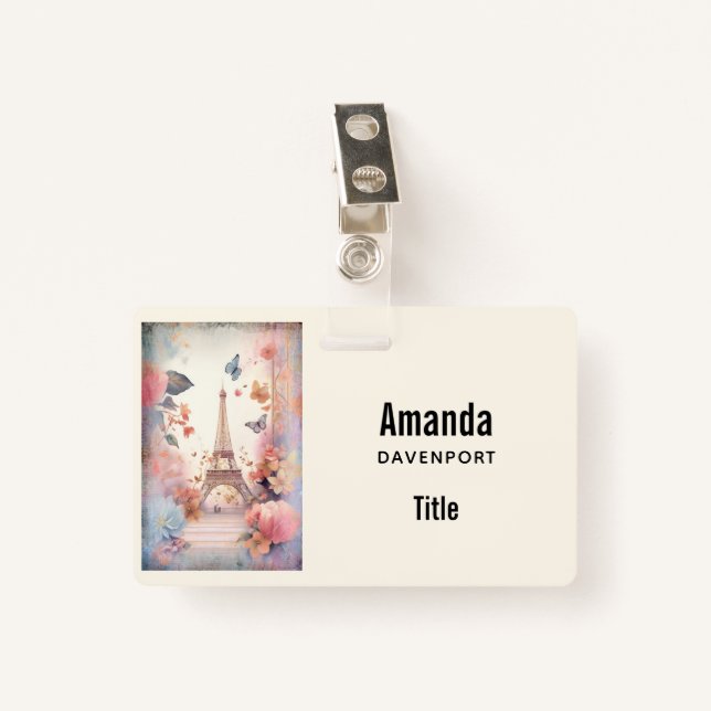 Crachá Eiffel Tower Butterflies and Flowers (Frente com Clipe)