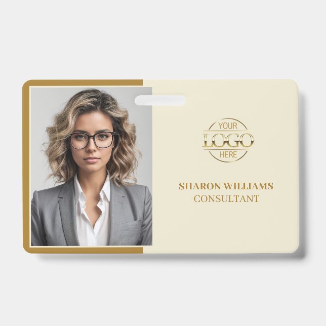 Crachá Elegant Beige Minimalist Company Employee Photo ID (Frente)
