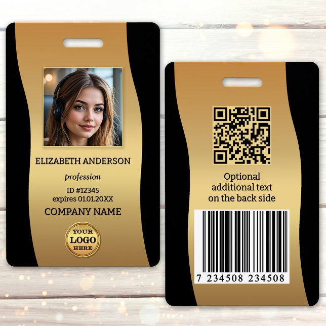 Crachá Elegant Gold Black Photo ID Badge (Elegant black and gold design employee photo badge with your custom photo and logo)