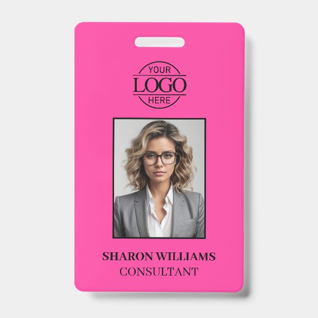 Crachá Elegant Minimalist Bight Pink Employee Photo ID (Frente)