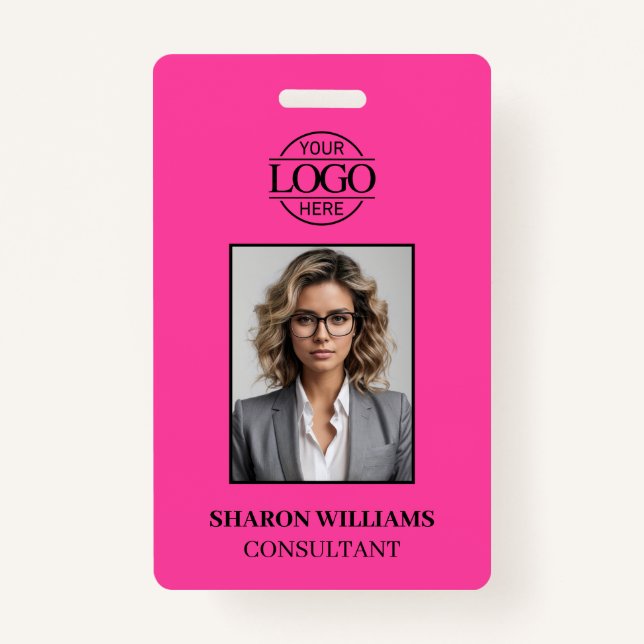 Crachá Elegant Minimalist Bight Pink Employee Photo ID (Frente)