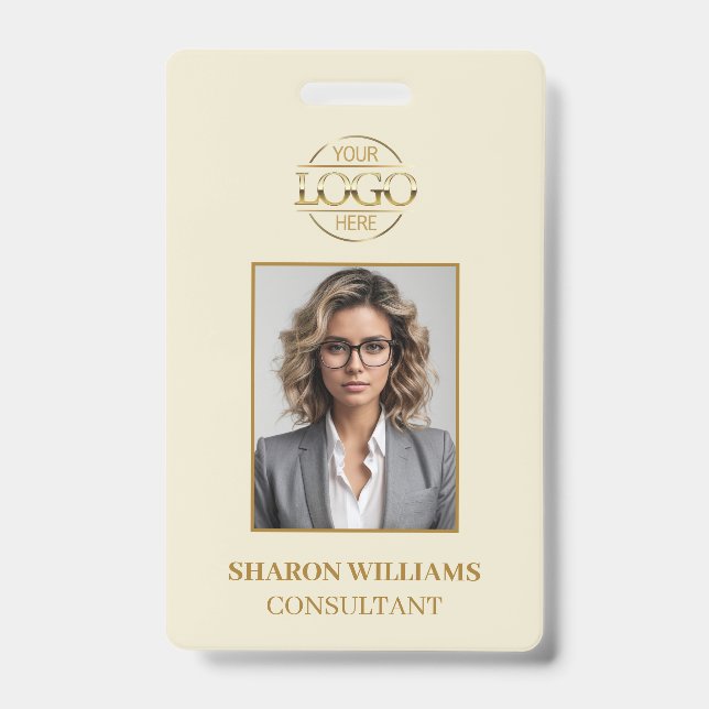 Crachá Elegant Modern Beige Gold Simple Employee Photo ID (Frente)