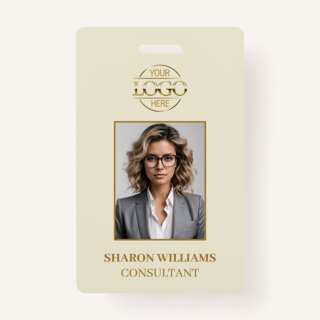 Crachá Elegant Modern Beige Gold Simple Employee Photo ID (Frente)