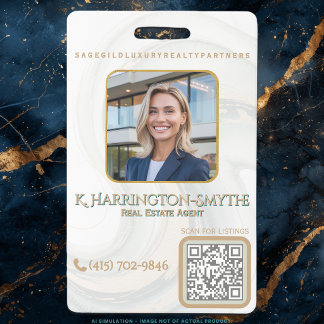 Crachá Elegant Sage Gold Realtor Photo ID/QR Code Contact