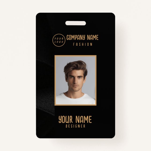 Crachá elegante preto e ouro personalizado (Frente)