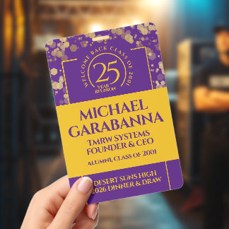 Crachá Elegante Reunião de Classe de 25 Anos Roxo Dourado