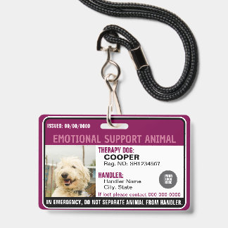 Crachá Emotional Support Animal ID Therapy Photo Custom