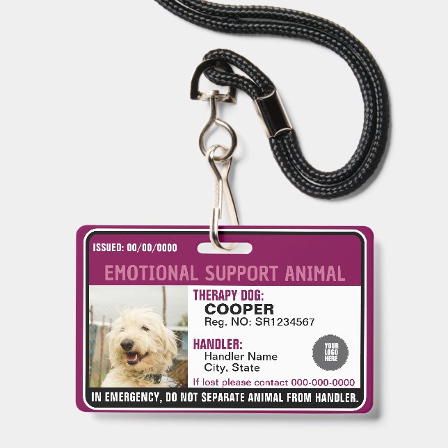 Crachá Emotional Support Animal ID Therapy Photo Custom (Frente com cordão)