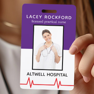 Crachá Enfermeira Prática Licenciada LPN Foto Médica Roxa