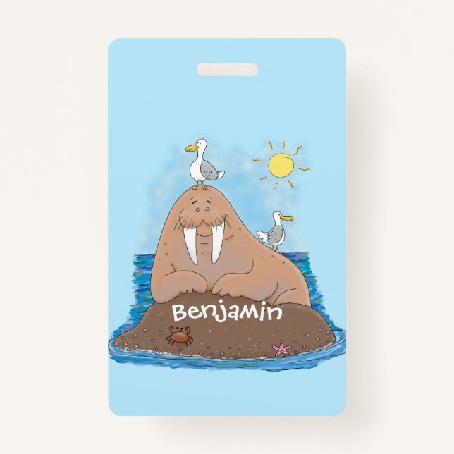 Crachá Engraçado ilustração do desenho animado de morsa f (Frente)