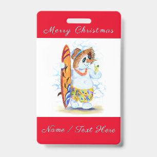 Crachá Engraçado Summer Snowman Surfer bebe coquetel fre
