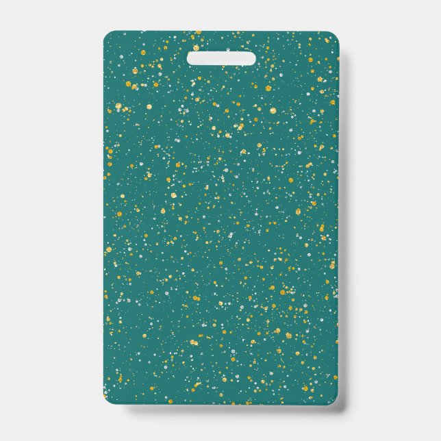 Crachá Espaço de Confetes Elegantes - Verde Teal e Dourad (Frente)