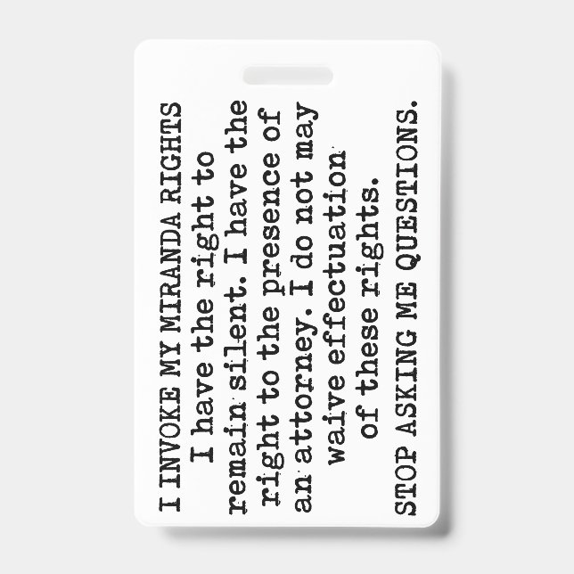 Crachá Eu Invoco Meus Direitos Miranda/Eu Não Consinto (Frente)