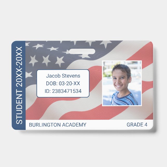 Crachá EUA Flag Student ID Homeschool ou Private School (Frente)