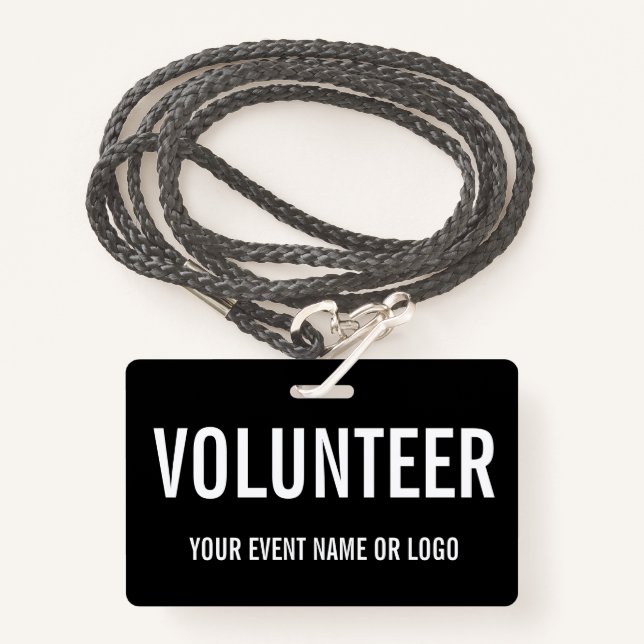 Crachá Evento Branco preto de voluntário simples (Frente com cordão)
