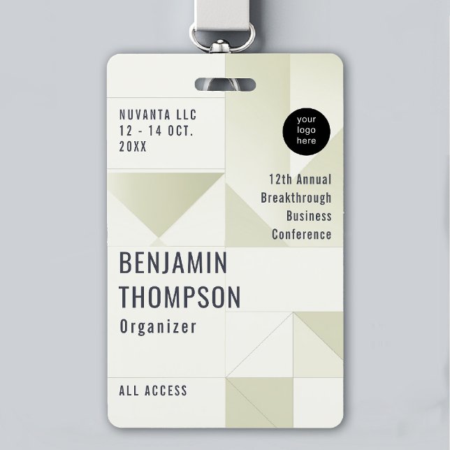 Crachá Evento Conferência Negócios Corporativo Verde Iden (event badge lanyard template business corporate conference geometric green sage modern professional)