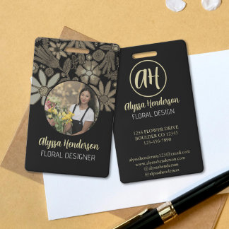 Crachá Evento de Logotipo de Foto Floral Preto e Bege Ele